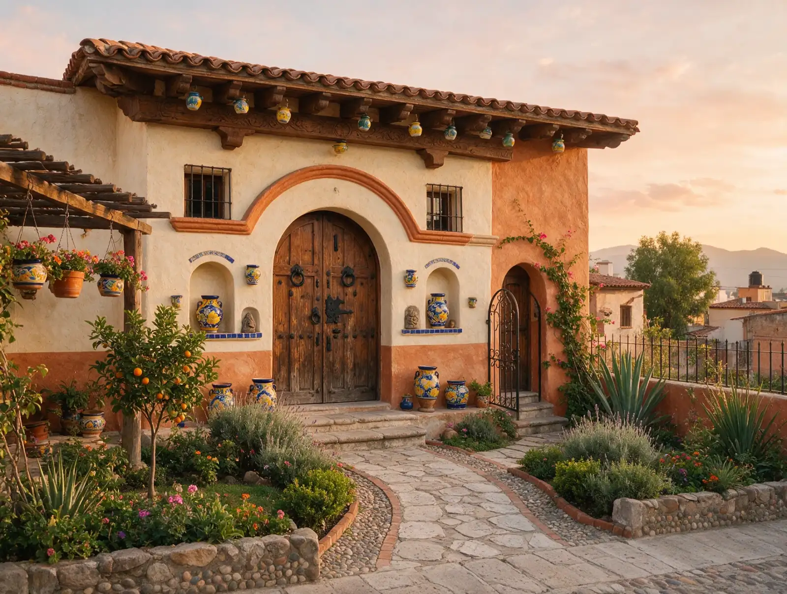 Casa familiar tradicional al atardecer