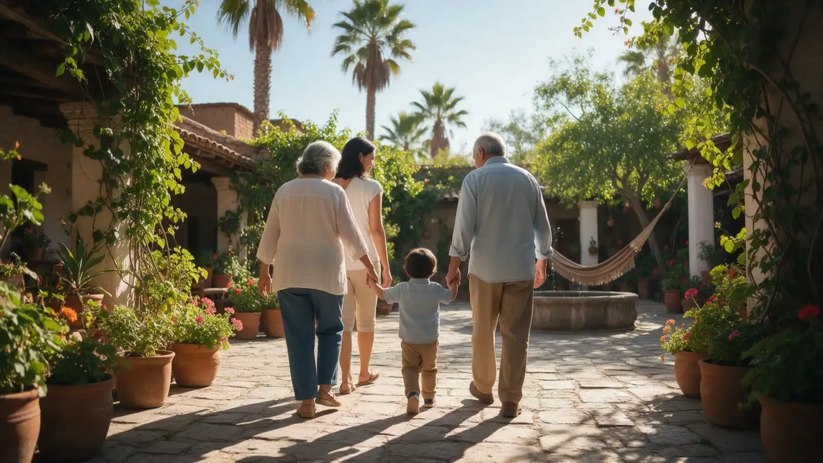 Familia de tres generaciones caminando en un patio